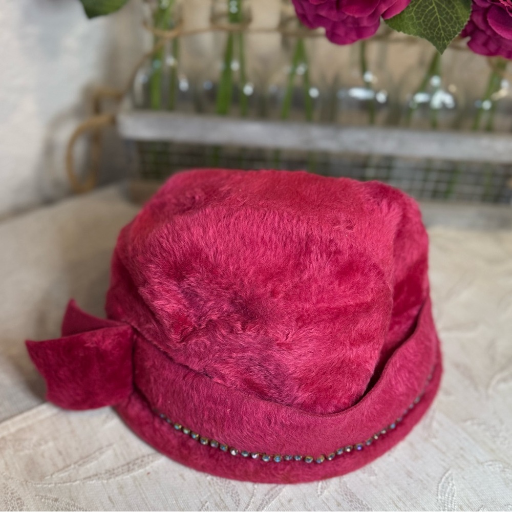 Sharon Originals Italian‎ Fur Felt" and AB Blue Rhinestone Trim. Magenta Pink